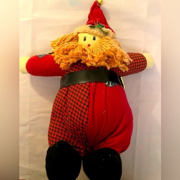 Female Christmas plus doll with checked pants/shirt & Holly on Santa hat - Picture 1 of 10